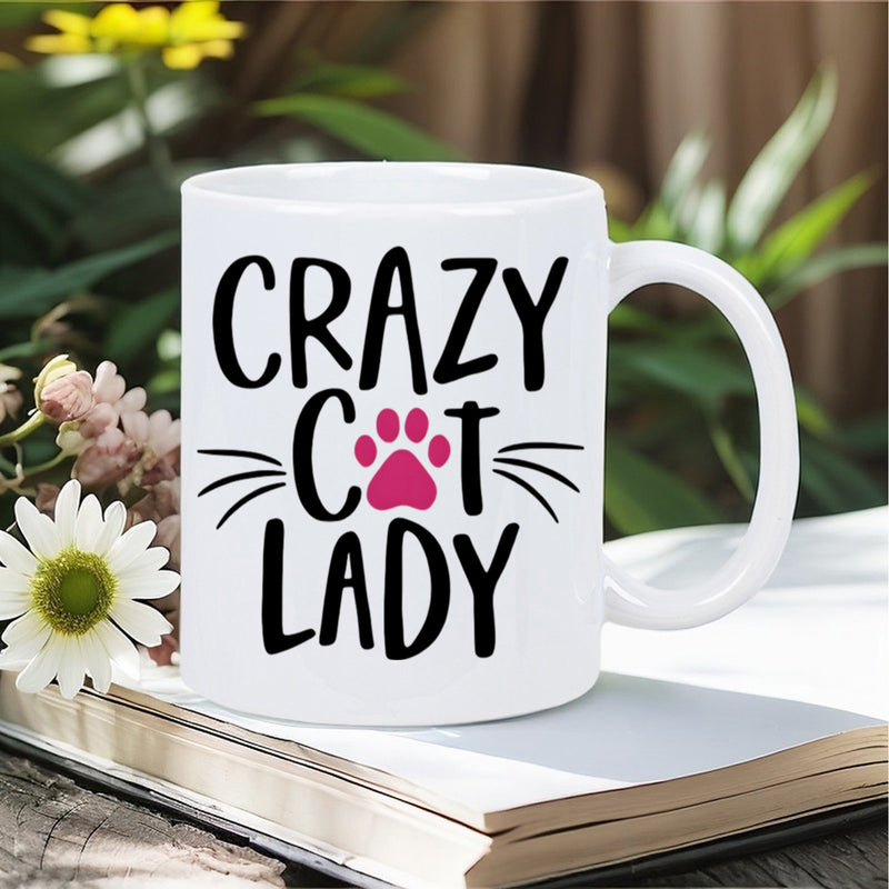 Tailorly White Ceramic 11 oz Mug - Crazy Cat Lady Minimalist Pink Paw Print And Whiskers On