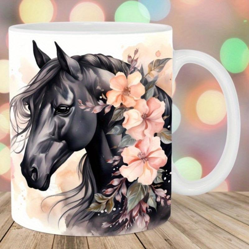 Tailorly White Ceramic 11 oz Mug - Majestic Black Stallion Among Soft Pink Flowers And Elegant Flowing Mane Horse