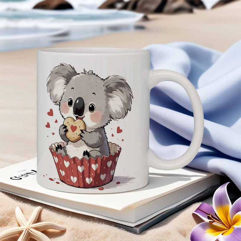 Tailorly White Ceramic 11 oz Mug - Adorable Baby Koala Holding Heart Cookie Sitting Inside Cupcake Liner Koala