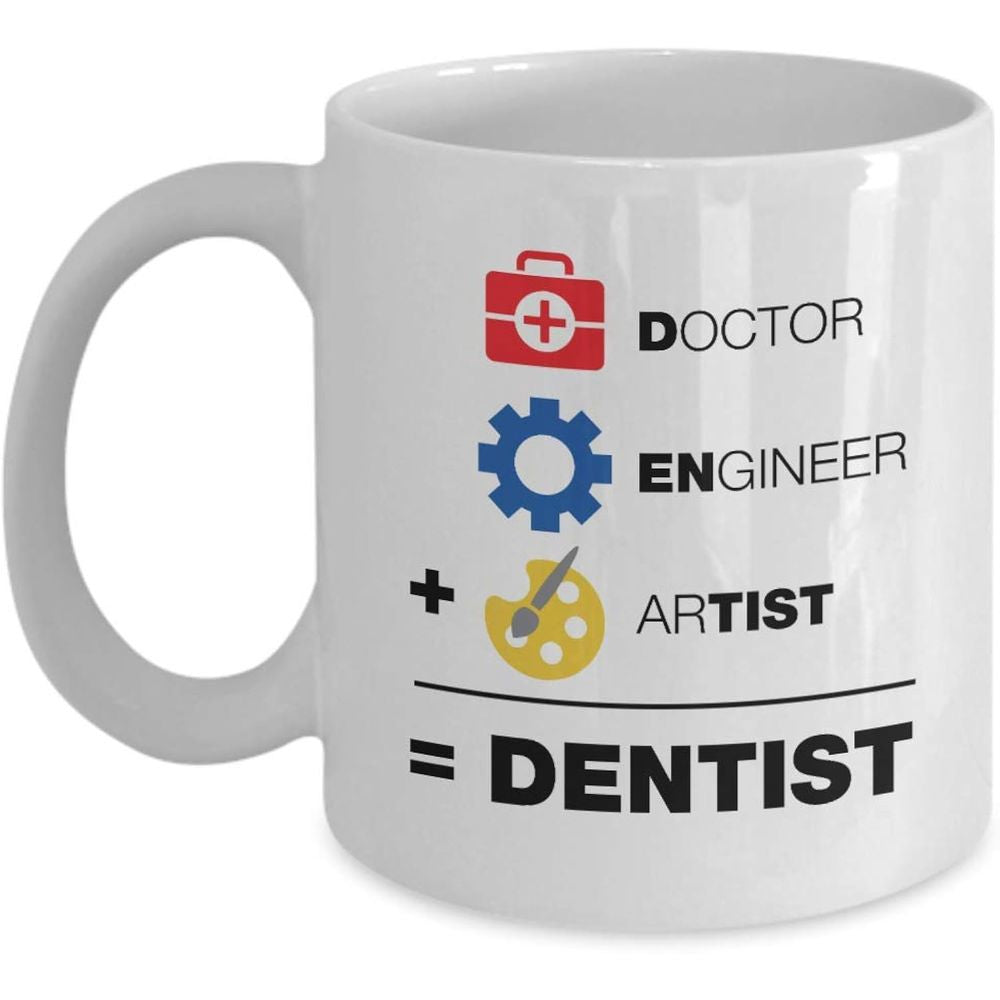 Tailorly White Ceramic 11 oz Mug - Doctor Engineer Artist Dentist Vibrant Red Medical Kit Blue Gear And Yellow Painting Palette Dentist