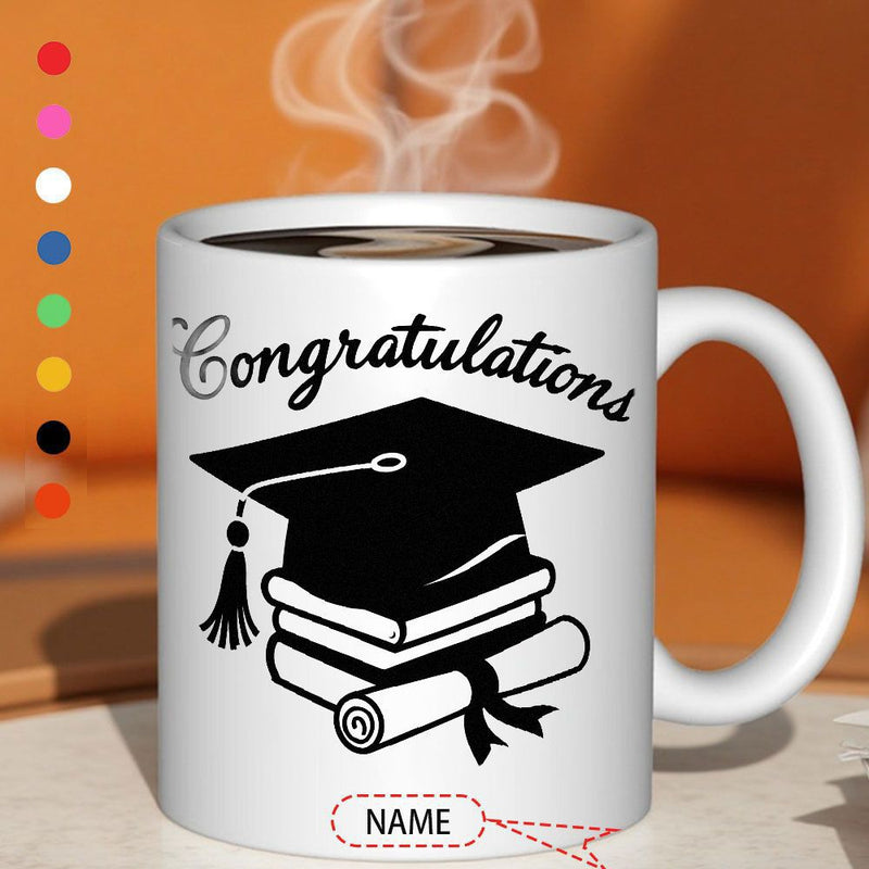 Tailorly White Ceramic 11 oz Mug - Congratulations Academic Black Mortarboard Resting On A Stack Of Textbooks And Diploma Cap