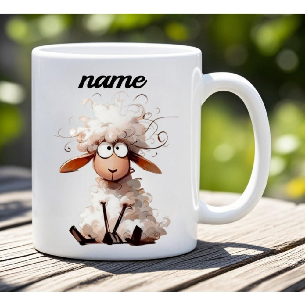 Tailorly White Ceramic 11 oz Mug - Name Cute Fluffy Cartoon Animal Sitting Peacefully With Messy White Wool Sheep