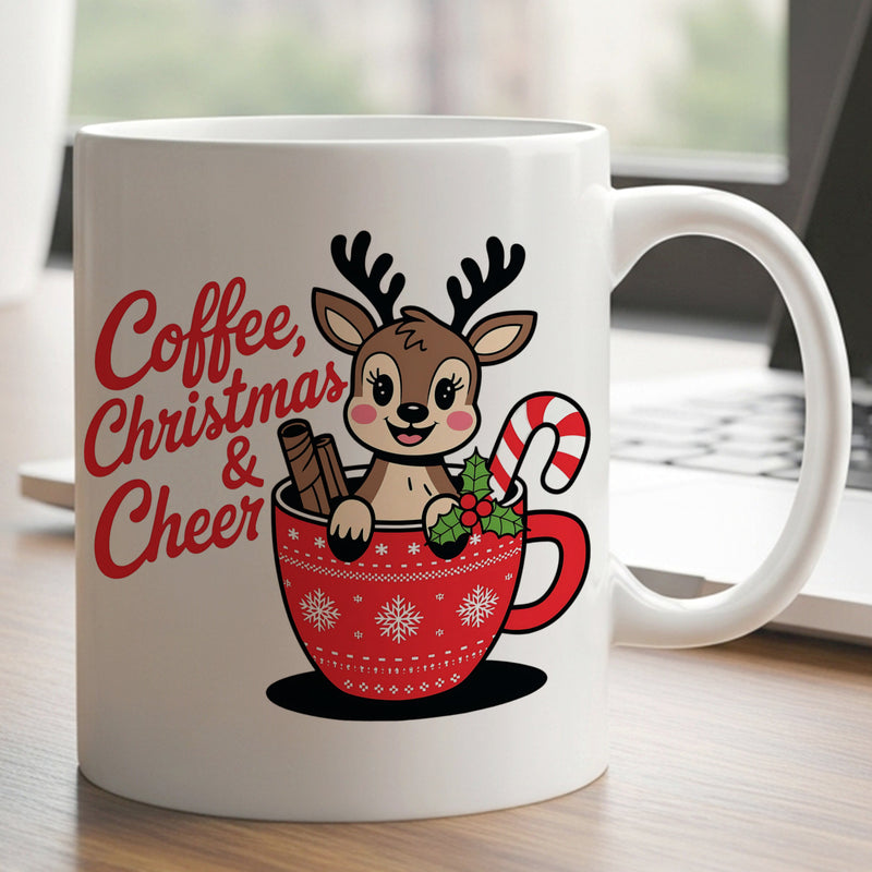Tailorly White Ceramic 11 oz Mug - Coffee Christmas Cheer Adorable Little Fawn Sitting Inside Red Festive Christmas Theme Coffee Mug Reindeer