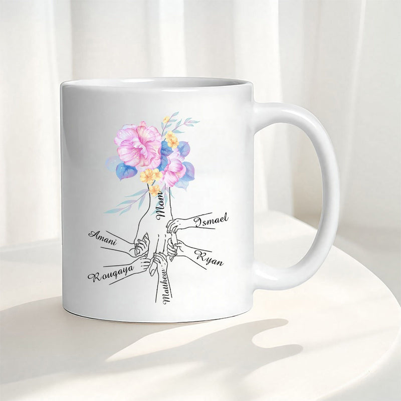 Tailorly White Ceramic 11 oz Mug - Mom Graceful Hands Reaching For Colorful Soft Watercolor Floral Garden Bouquet