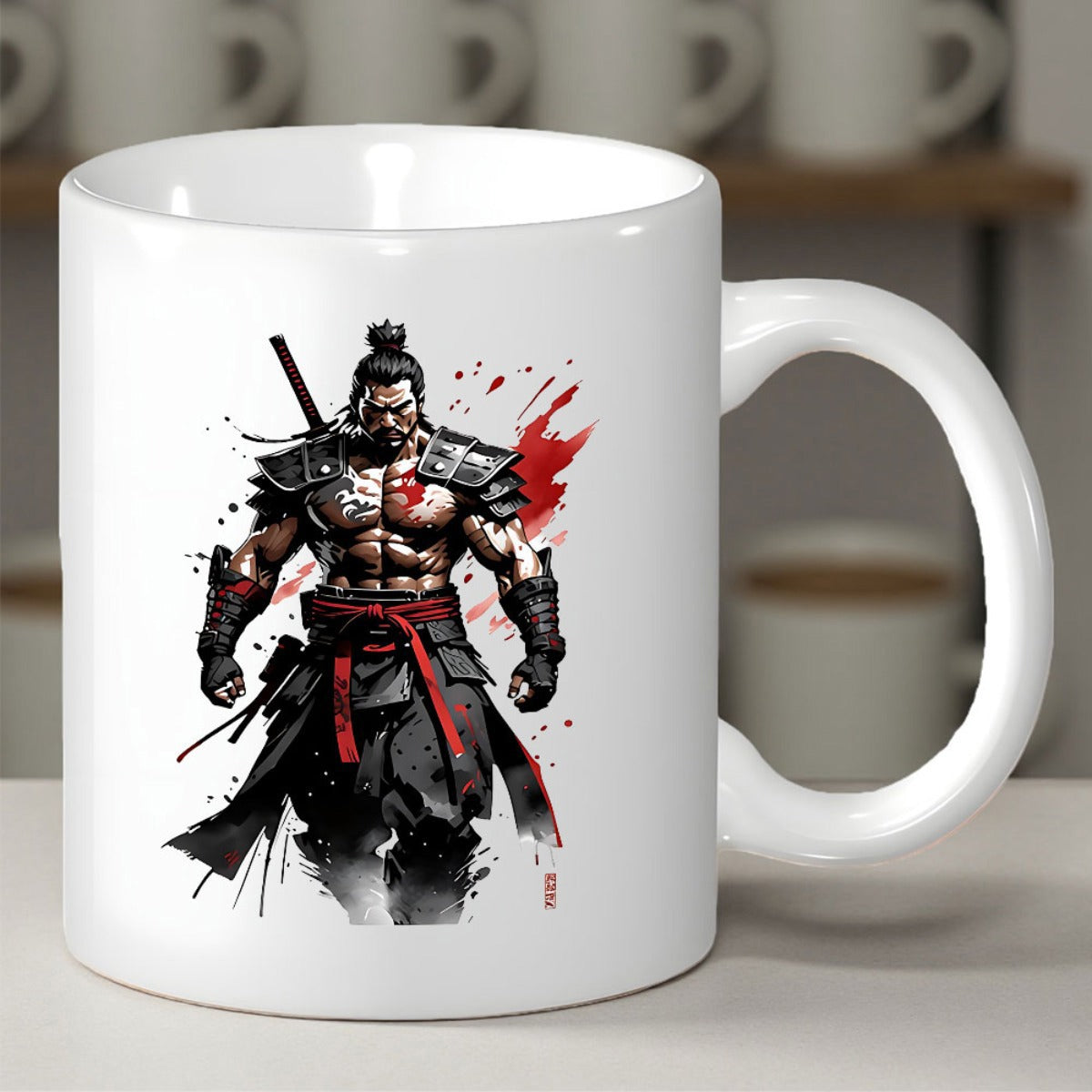 Tailorly White Ceramic 11 oz Mug - Brave Ancient Ronin Wearing Black Battle Armor With Red Ink Splatter Samurai