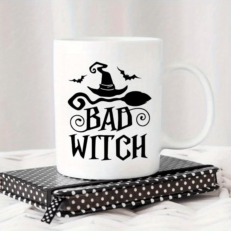 Tailorly White Ceramic 11 oz Mug - Bad Witch Mystical Black Silhouette Flying Bats And Broomstick Hat