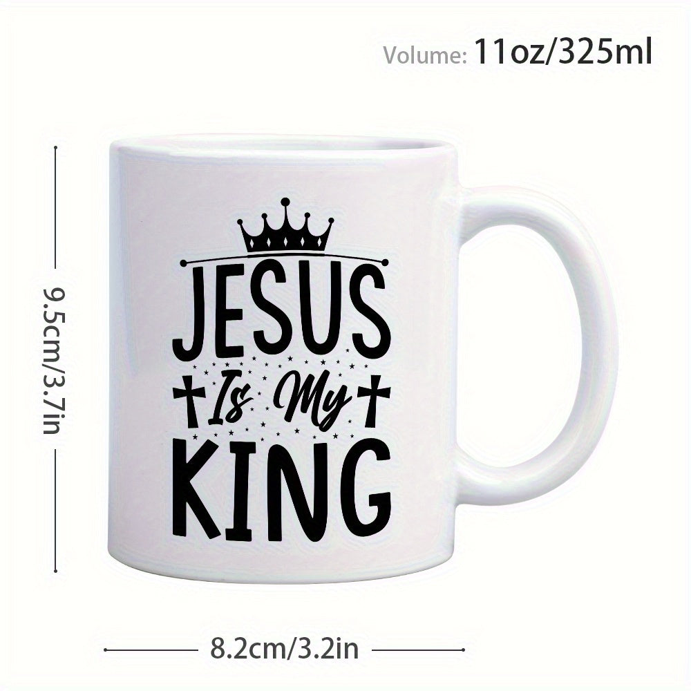 Tailorly White Ceramic 11 oz Mug - Jesus Is My King Stylized Royal Crown Featuring Christian Crosses Amidst Decorative Dot Elements Crown