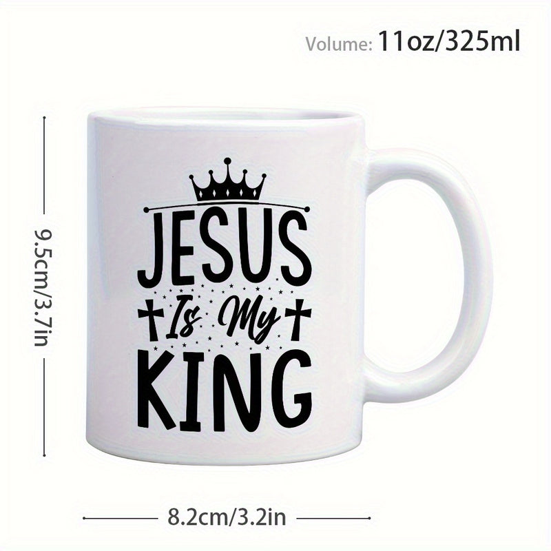 Tailorly White Ceramic 11 oz Mug - Jesus Is My King Stylized Royal Crown Featuring Christian Crosses Amidst Decorative Dot Elements Crown