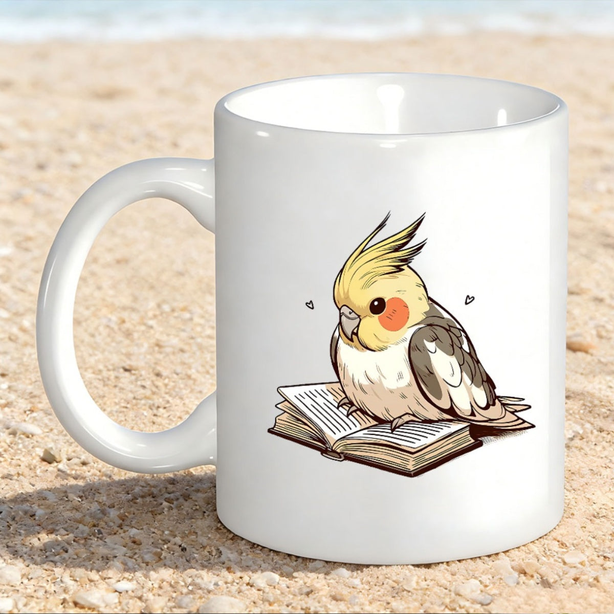 Tailorly White Ceramic 11 oz Mug - Adorable Cartoon Bird Resting Quietly Upon An Open Vintage Book Cockatiel