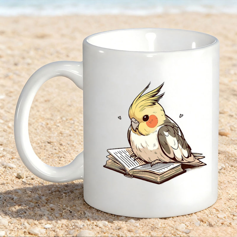 Tailorly White Ceramic 11 oz Mug - Adorable Cartoon Bird Resting Quietly Upon An Open Vintage Book Cockatiel