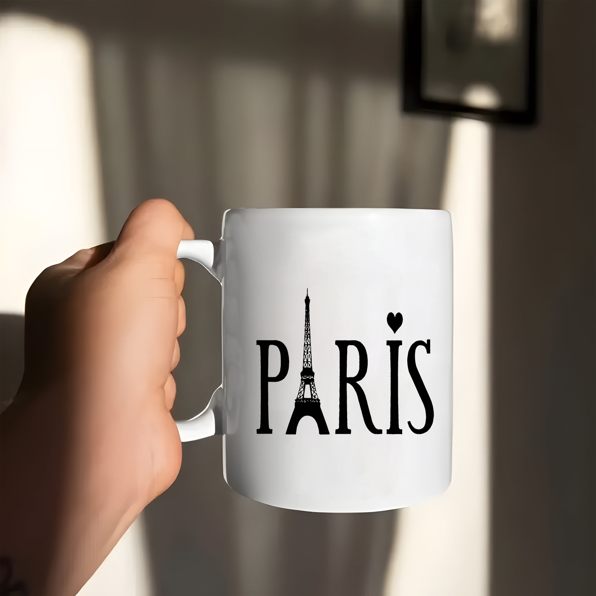 Tailorly White Ceramic 11 oz Mug - Paris Minimalist Black Landmark Silhouette Featuring Heart Among Elegant Artistic Letters Tower