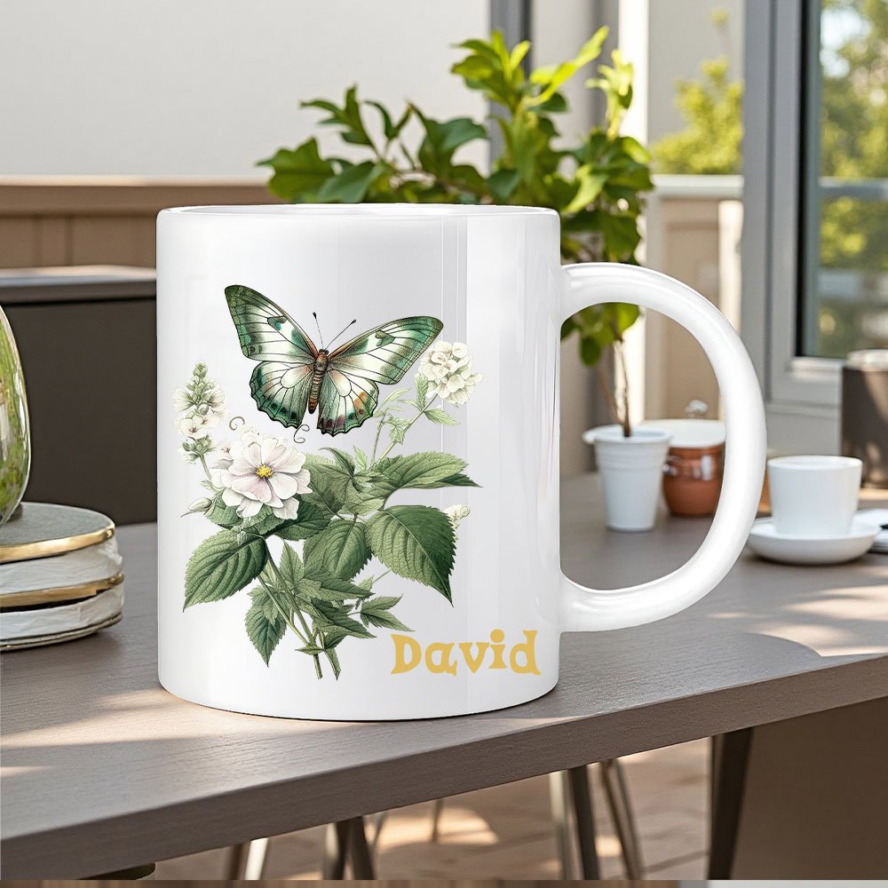 Tailorly White Ceramic 11 oz Mug - David Elegant Green Winged Creature Resting Among Delicate White Blooming Wildflowers Butterfly