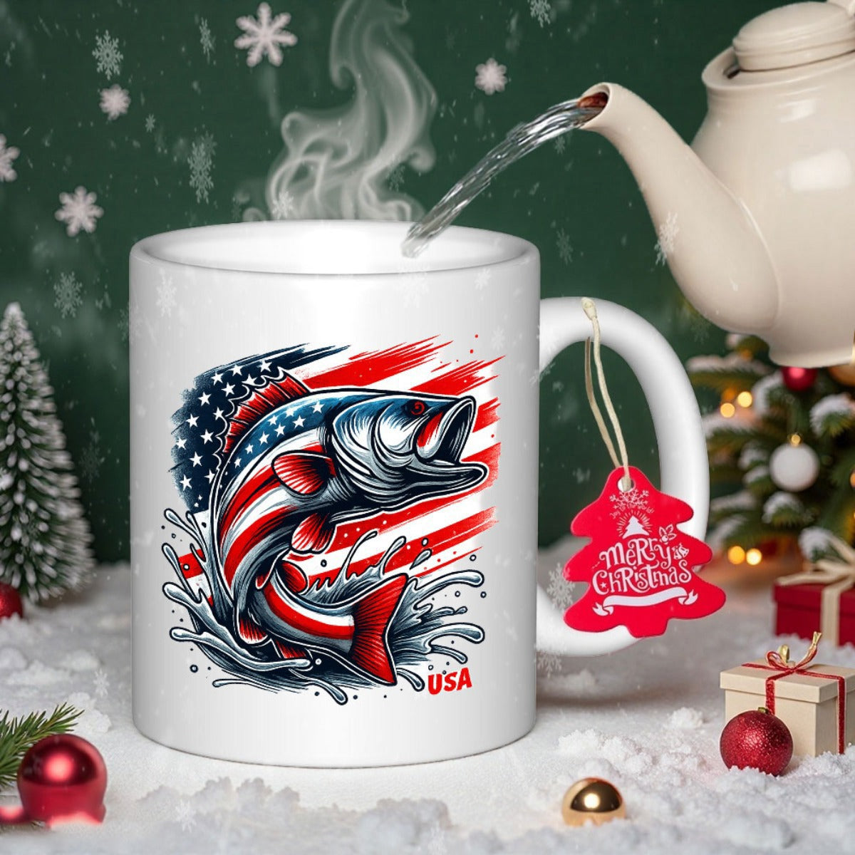 Tailorly White Ceramic 11 oz Mug - USA Merry Christmas Jumping Fish With Stars And Stripes Background In Patriotic American Flag Colors Bass