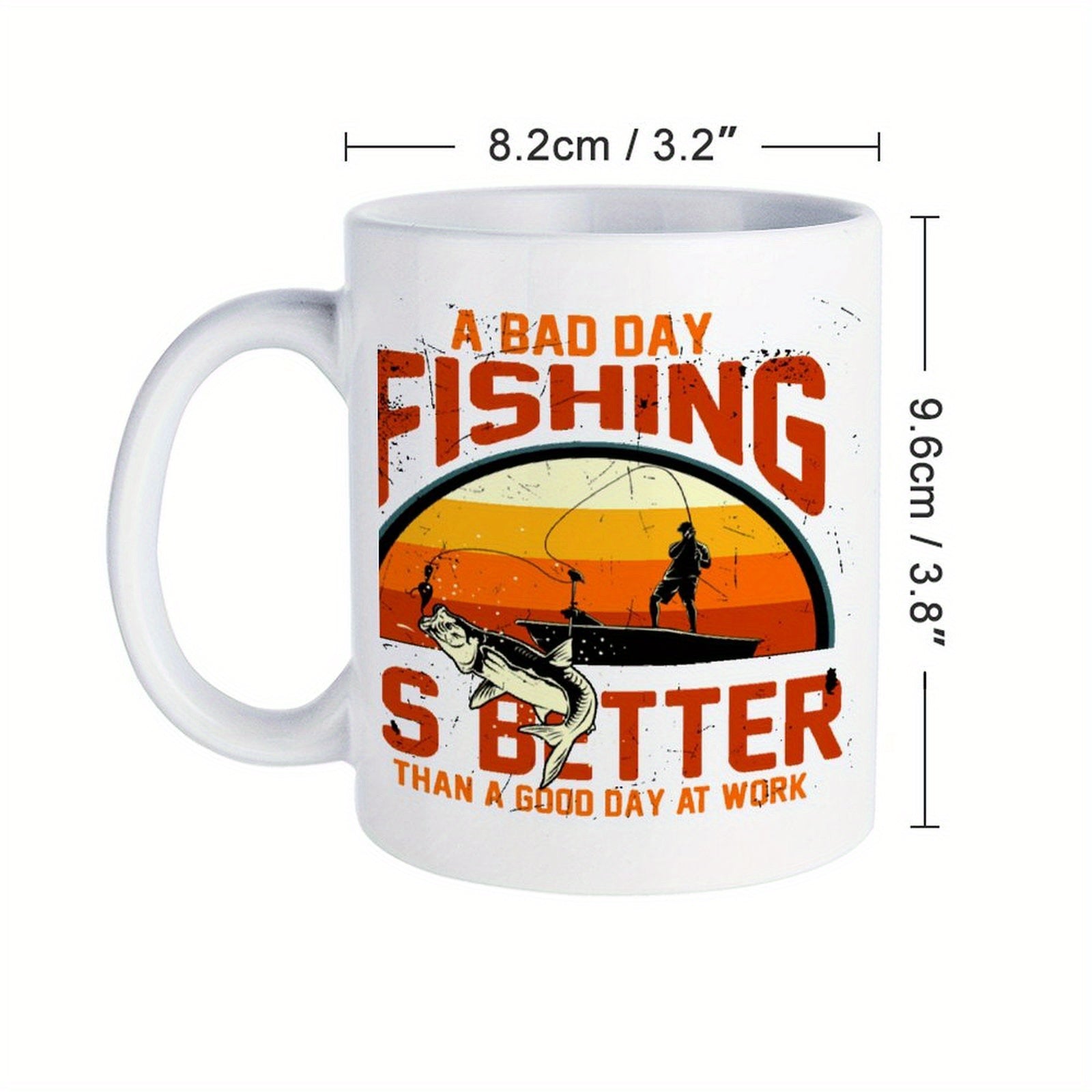 Tailorly White Ceramic 11 oz Mug - A Bad Day Fishing Is Better Than A Good Day At Work Vintage Retro Sunset Semicircle With Large Jumping Bass And Patient
