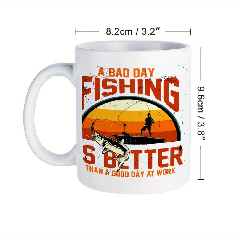 Tailorly White Ceramic 11 oz Mug - A Bad Day Fishing Is Better Than A Good Day At Work Vintage Retro Sunset Semicircle With Large Jumping Bass And Patient