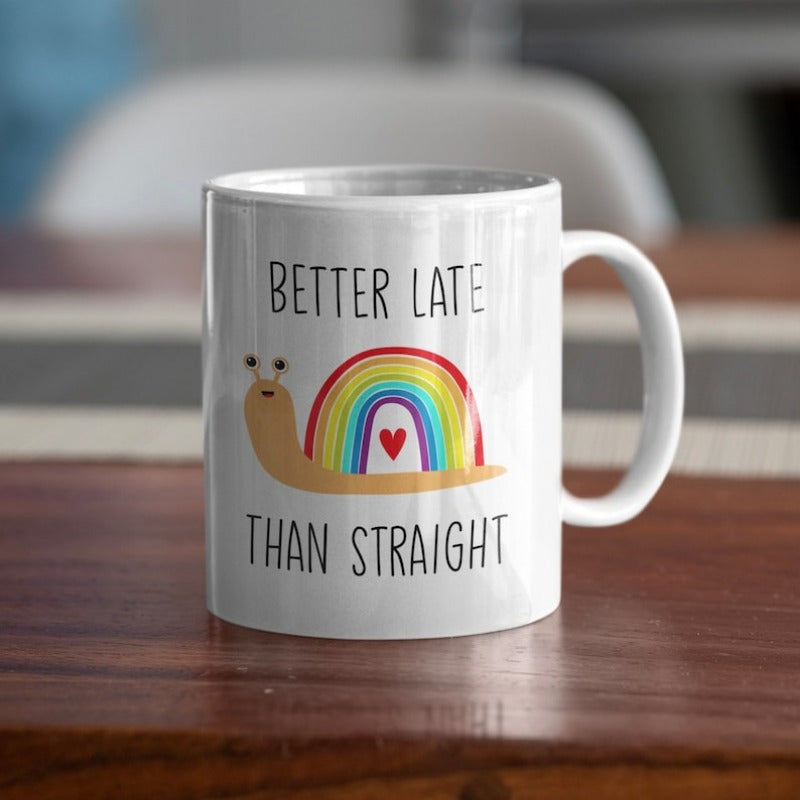 Tailorly White Ceramic 11 oz Mug - Better Late Than Straight Smiling Character Featuring Colorful Rainbow Shell And Small Red Heart Snail