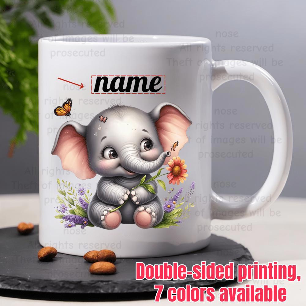 Tailorly White Ceramic 11 oz Mug - Name Adorable Sitting Baby Animal Surrounded By Tiny Floral Accents Elephant