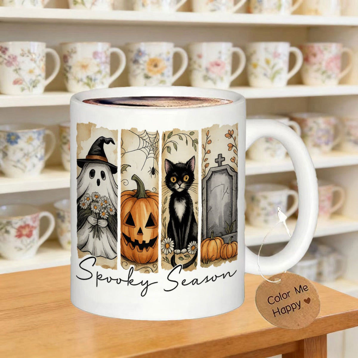 Tailorly White Ceramic 11 oz Mug - Spooky Season Vintage Style Hand Drawn Halloween Characters Featuring Ghost And Carved Pumpkin Cat