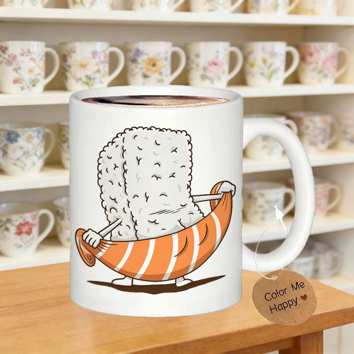 Tailorly White Ceramic 11 oz Mug - Cartoon Rice Character Holding A Piece Of Fresh Orange Sliced Salmon Sushi