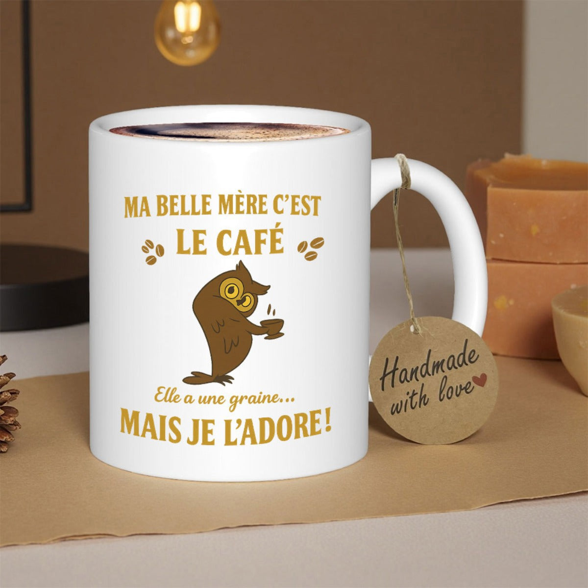 Tailorly White Ceramic 11 oz Mug - Cartoon Brown Owl Holding Hot Coffee Among Small Scattered Beans Owl