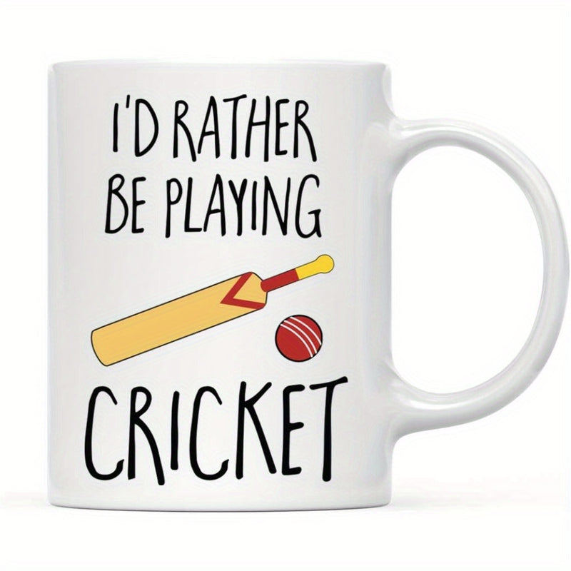 Tailorly White Ceramic 11 oz Mug - Id Rather Be Playing Cricket Classic Wooden Bat With A Small Red Stitched Cricket Ball Cricket Set