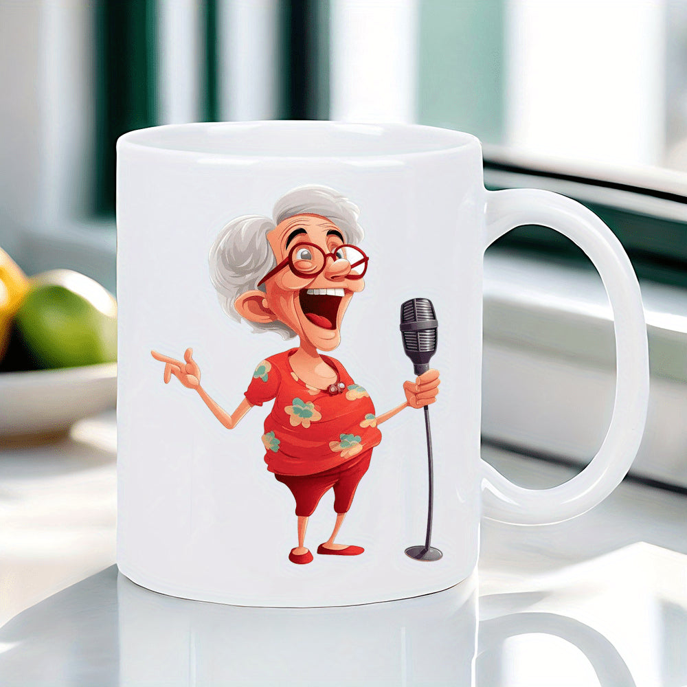 Tailorly White Ceramic 11 oz Mug - Joyful Elderly Woman Wearing Red Tropical Shirt Singing Into Vintage Microphone Grandmother
