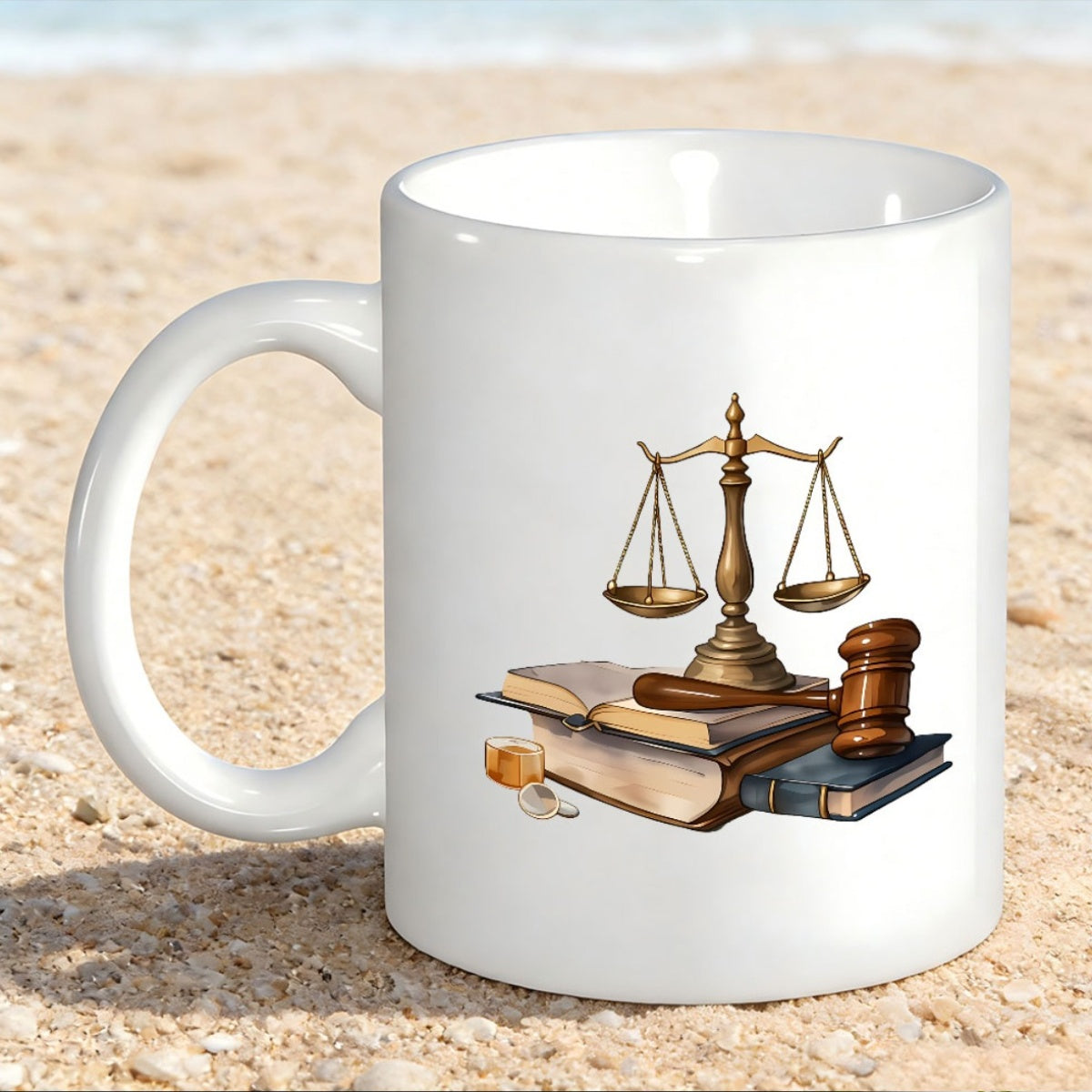 Tailorly White Ceramic 11 oz Mug - Classic Law Books And Wooden Gavel Balanced By Golden Justice Scale