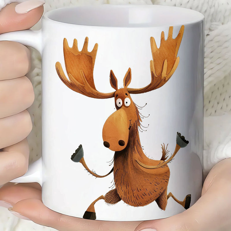 Tailorly White Ceramic 11 oz Mug - Funny Cartoon Illustration Of Dancing Forest Animal With Large Antlers Moose
