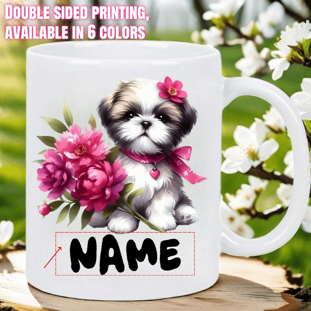 Tailorly White Ceramic 11 oz Mug - Name Adorable Fluffy Shih Tzu Sitting With Pink Flowers And Ribbon Puppy