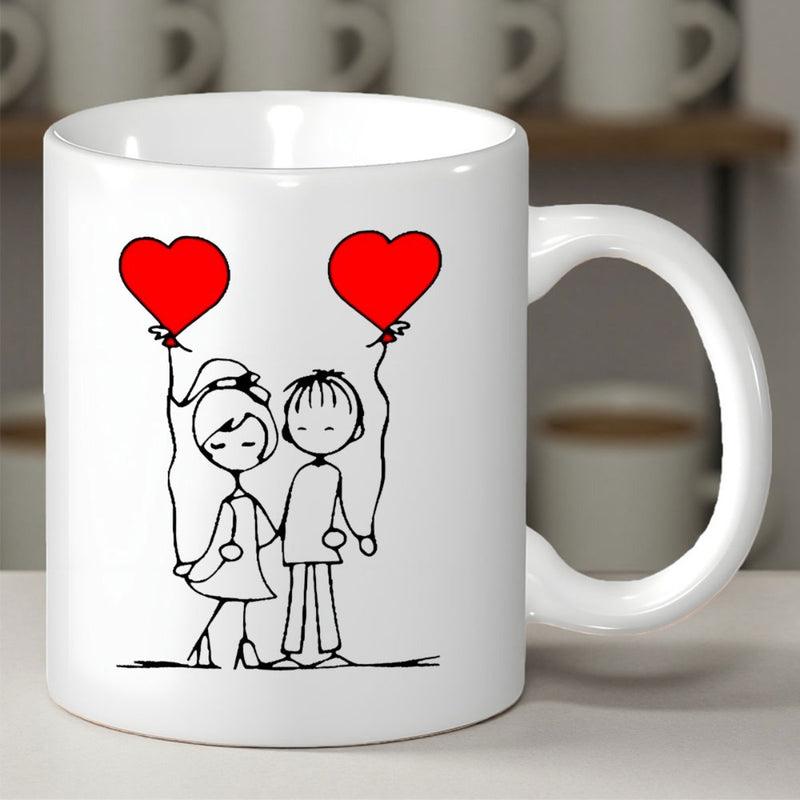 Tailorly White Ceramic 11 oz Mug - Minimalist Hand Drawn Sketch Of Two Lovers Holding Vibrant Red Heart Balloons Couple
