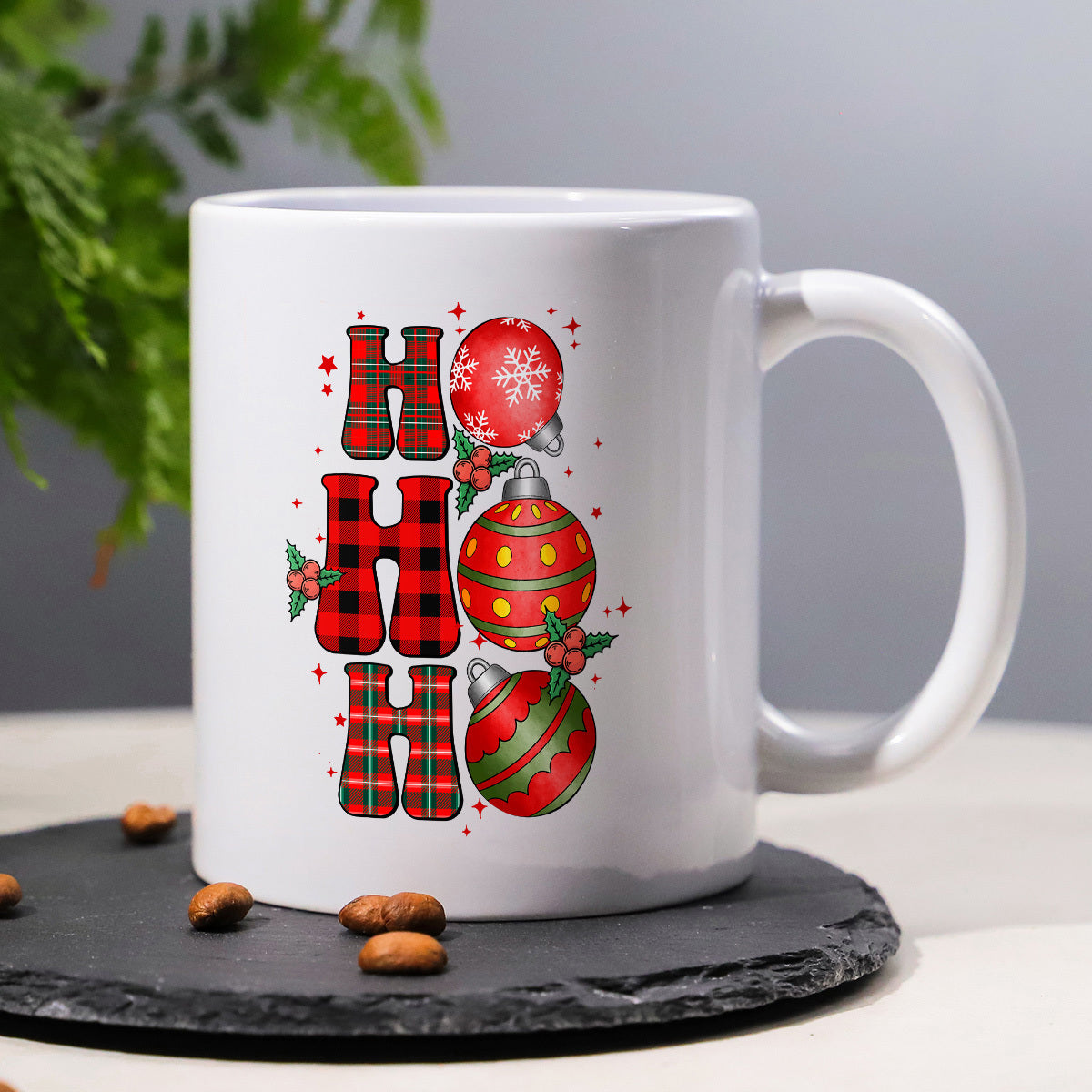 Tailorly White Ceramic 11 oz Mug - Ho Ho Ho Festive Plaid Letters Combined With Shiny Decorative Christmas Tree Baubles Ornament