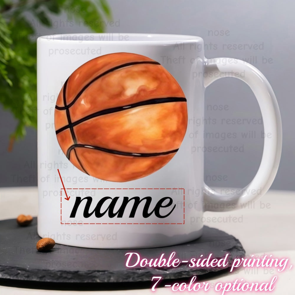 Tailorly White Ceramic 11 oz Mug - Vibrant Orange Sports Sphere With Classic Textured Grip And Ribbing Basketball
