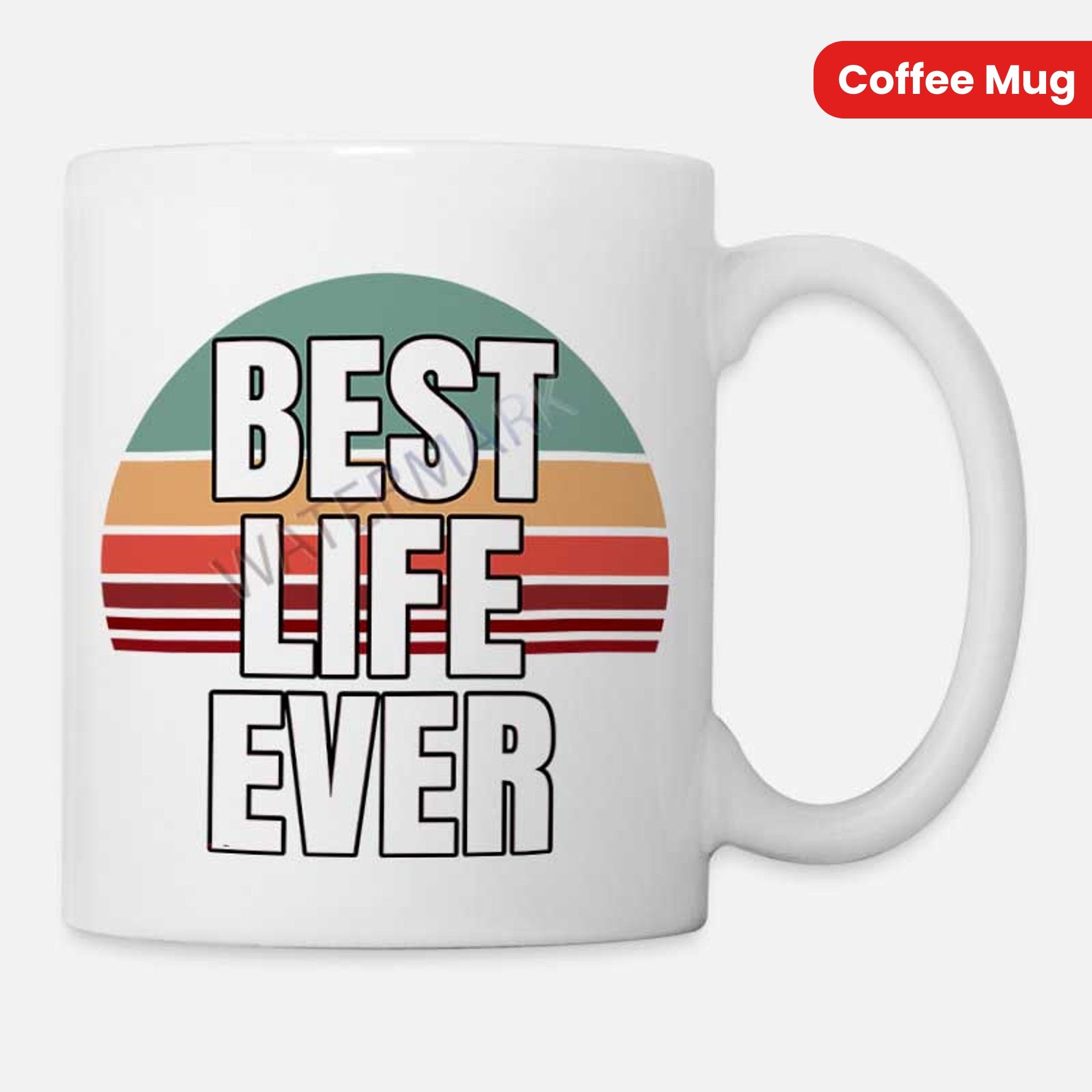 Tailorly White Ceramic 11 oz Mug - Best Life Ever Vintage Colorful Retro Horizontal Stripes Among A Circular Background Sunset