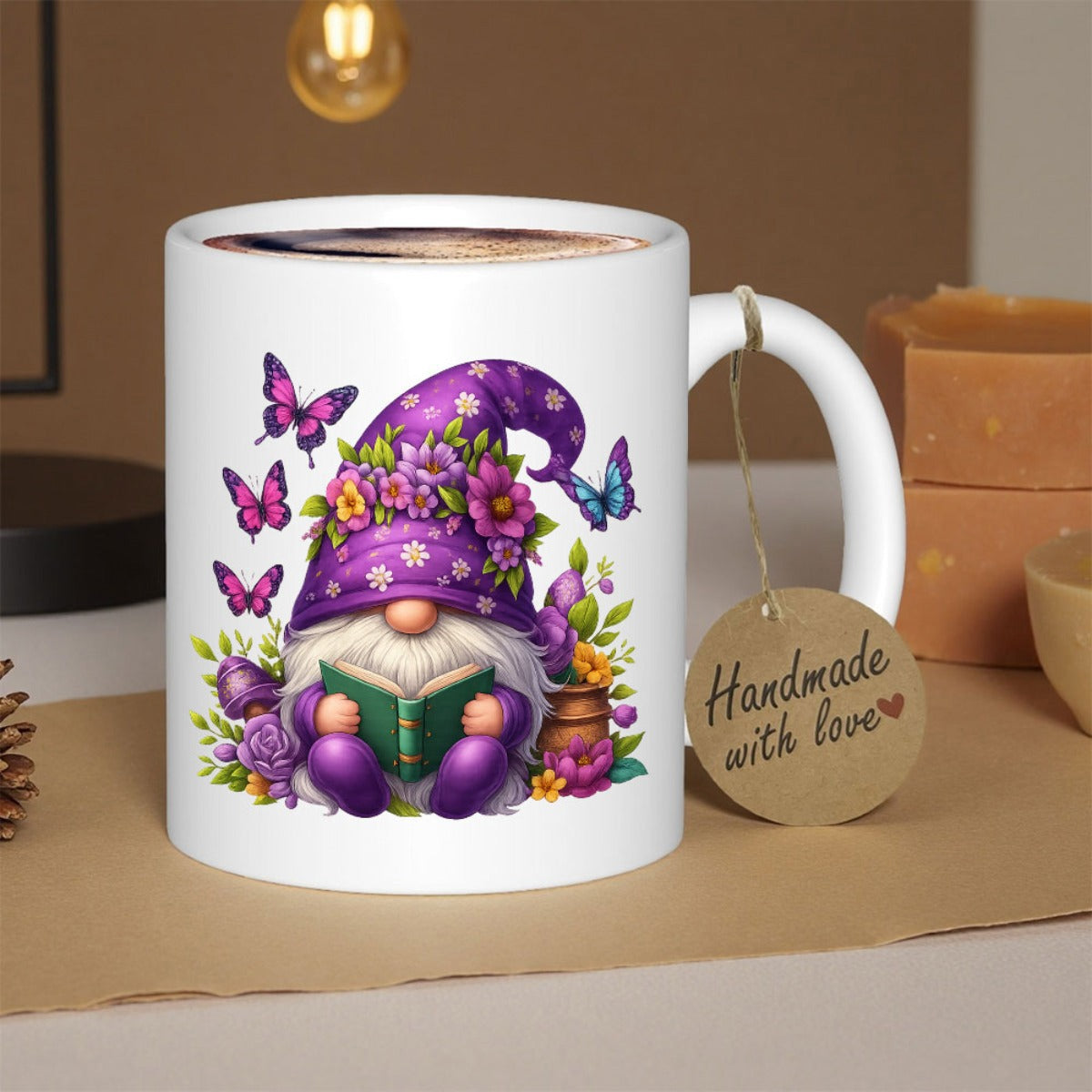 Tailorly White Ceramic 11 oz Mug - Handmade With Love Whimsical Garden Dweller Reading A Book Among Vibrant Purple Butterflies Gnome