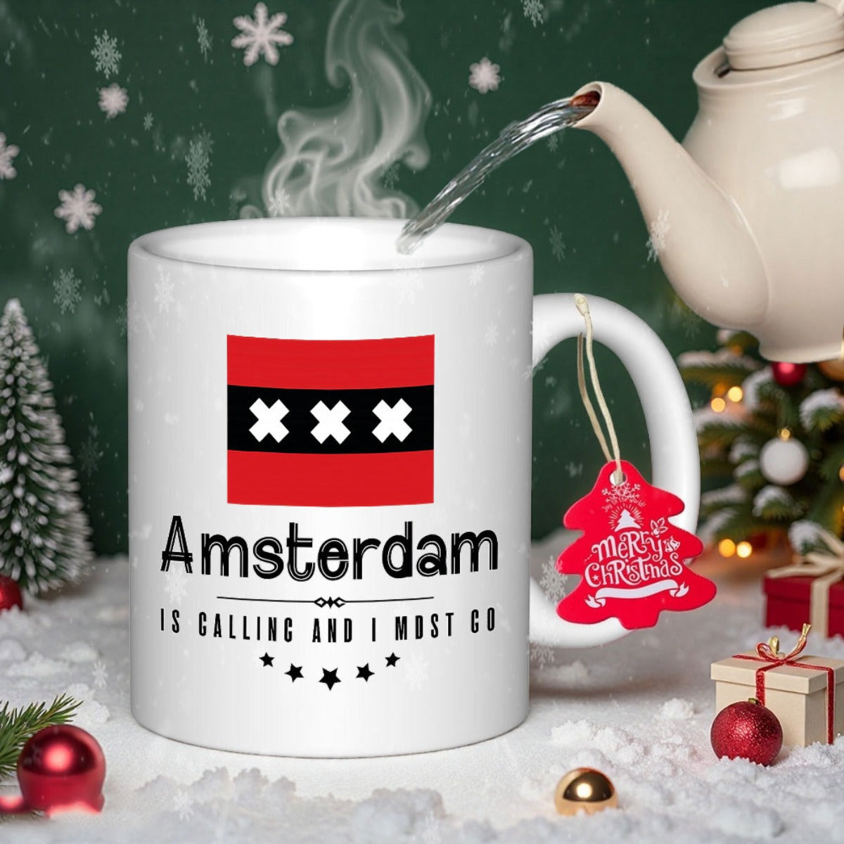Tailorly White Ceramic 11 oz Mug - Amsterdam Is Calling And I Must Go Red And Black City Flag Featuring Three White Crosses Mug