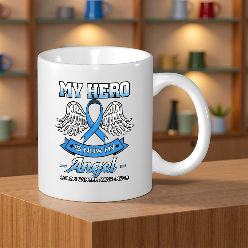 Tailorly White Ceramic 11 oz Mug - My Hero Is Now My Angel Colon Cancer Awareness Supportive Memorial Design With Majestic Wings Spread Out Wide Ribbon