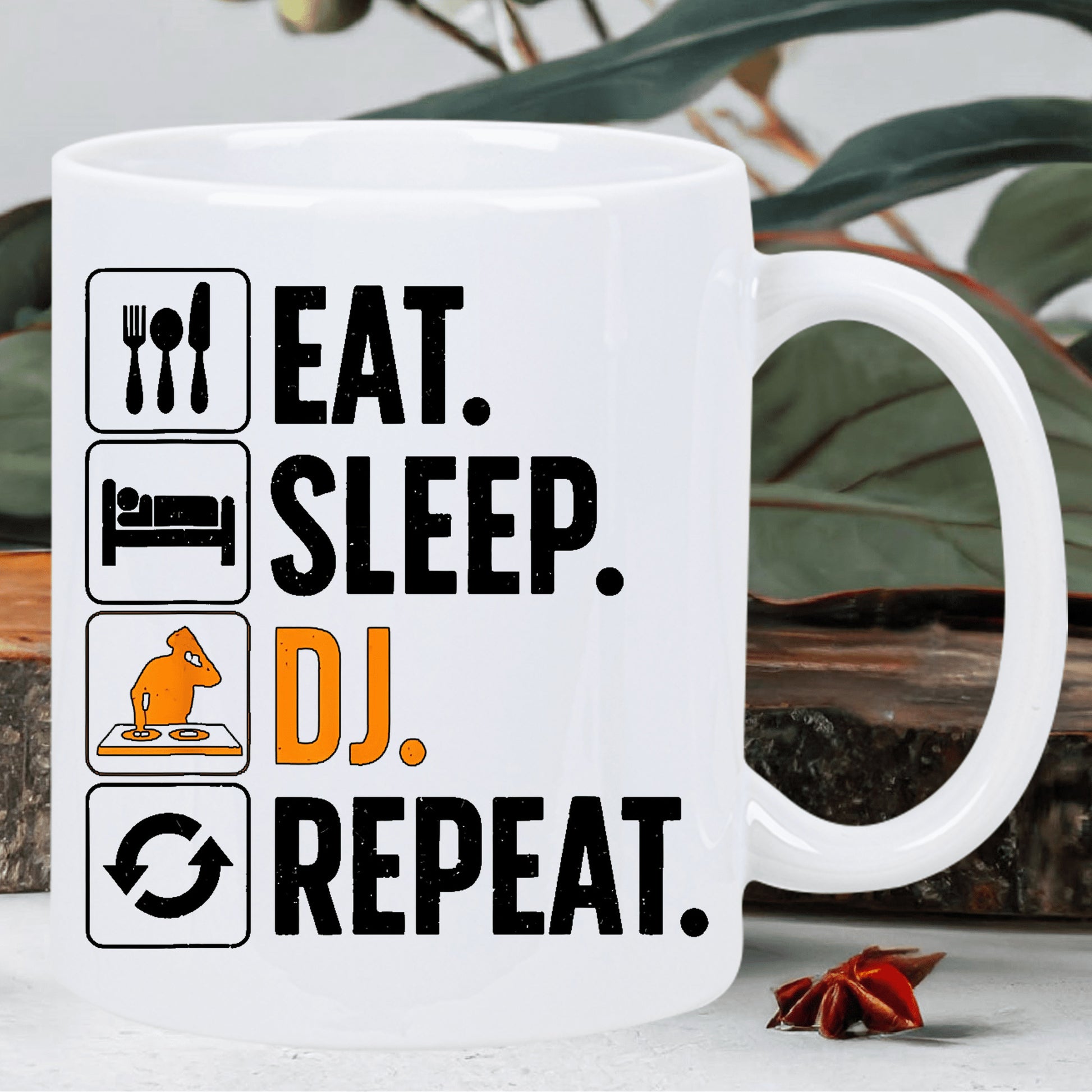 Tailorly White Ceramic 11 oz Mug - Eat Sleep DJ Repeat Minimalist Icons Representing Daily Life For A Music Mixing Mouse