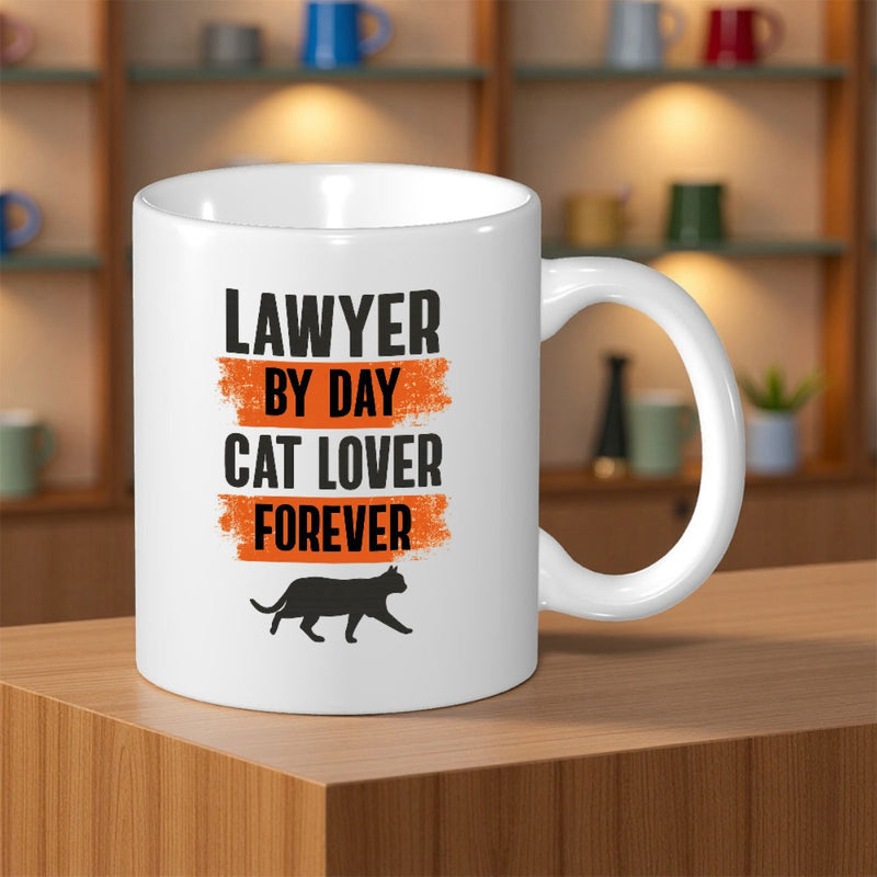 Tailorly White Ceramic 11 oz Mug - Lawyer By Day Cat Lover Forever Sleek Black Silhouette Of A Graceful Feline Walking Across Surface Cat