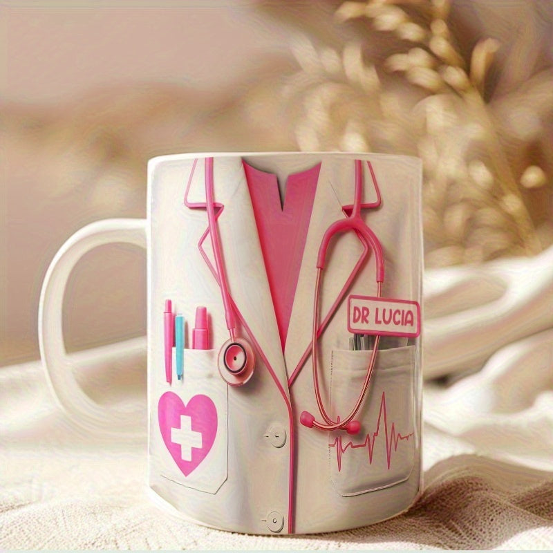 Tailorly White Ceramic 11 oz Mug - Dr Lucia Pink Stethoscope Over White Medical Scrub Featuring Cute Pink Heart Uniform