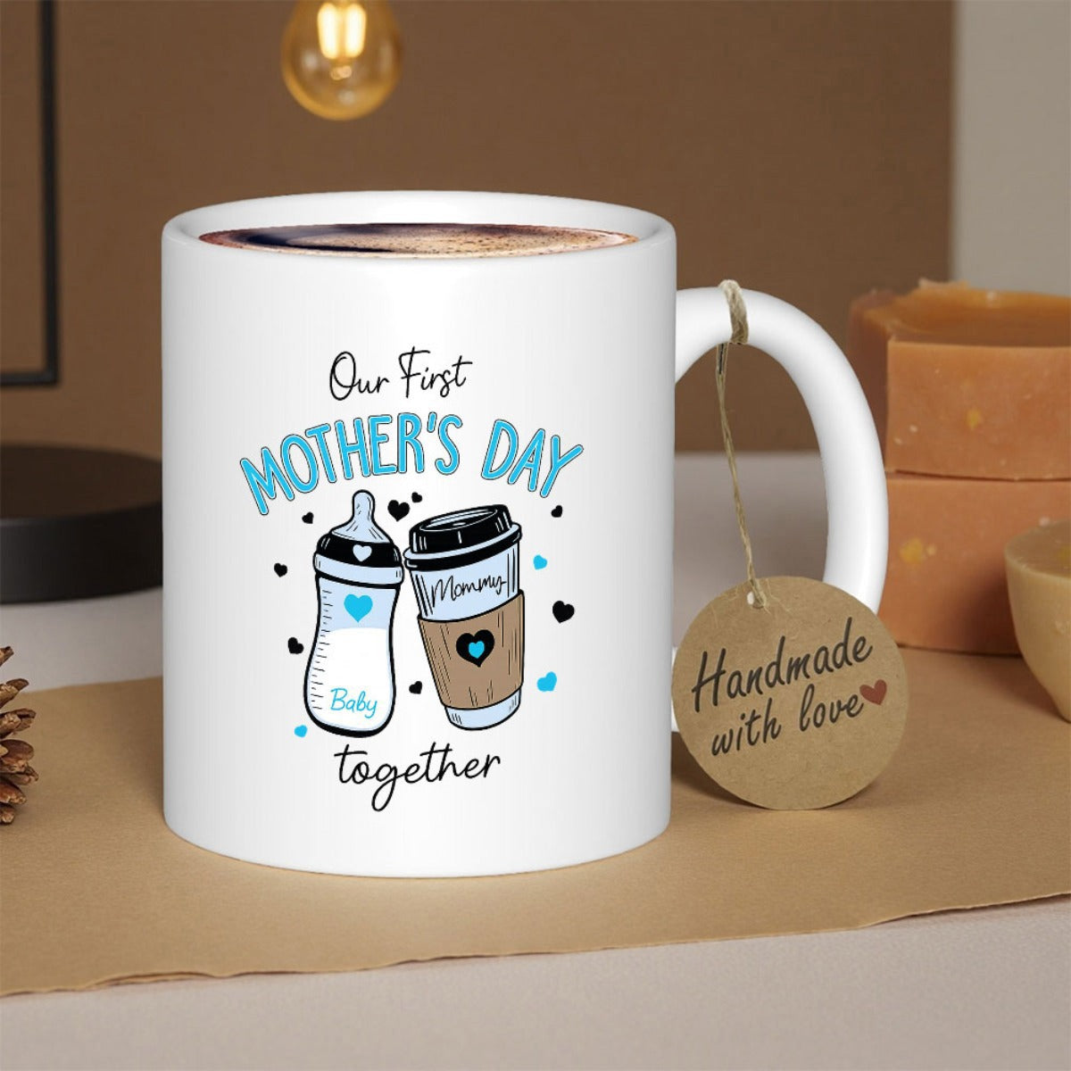 Tailorly White Ceramic 11 oz Mug - Our First Mother's Day Together Cute Baby Bottle And Coffee Cup With Tiny Hearts Mug