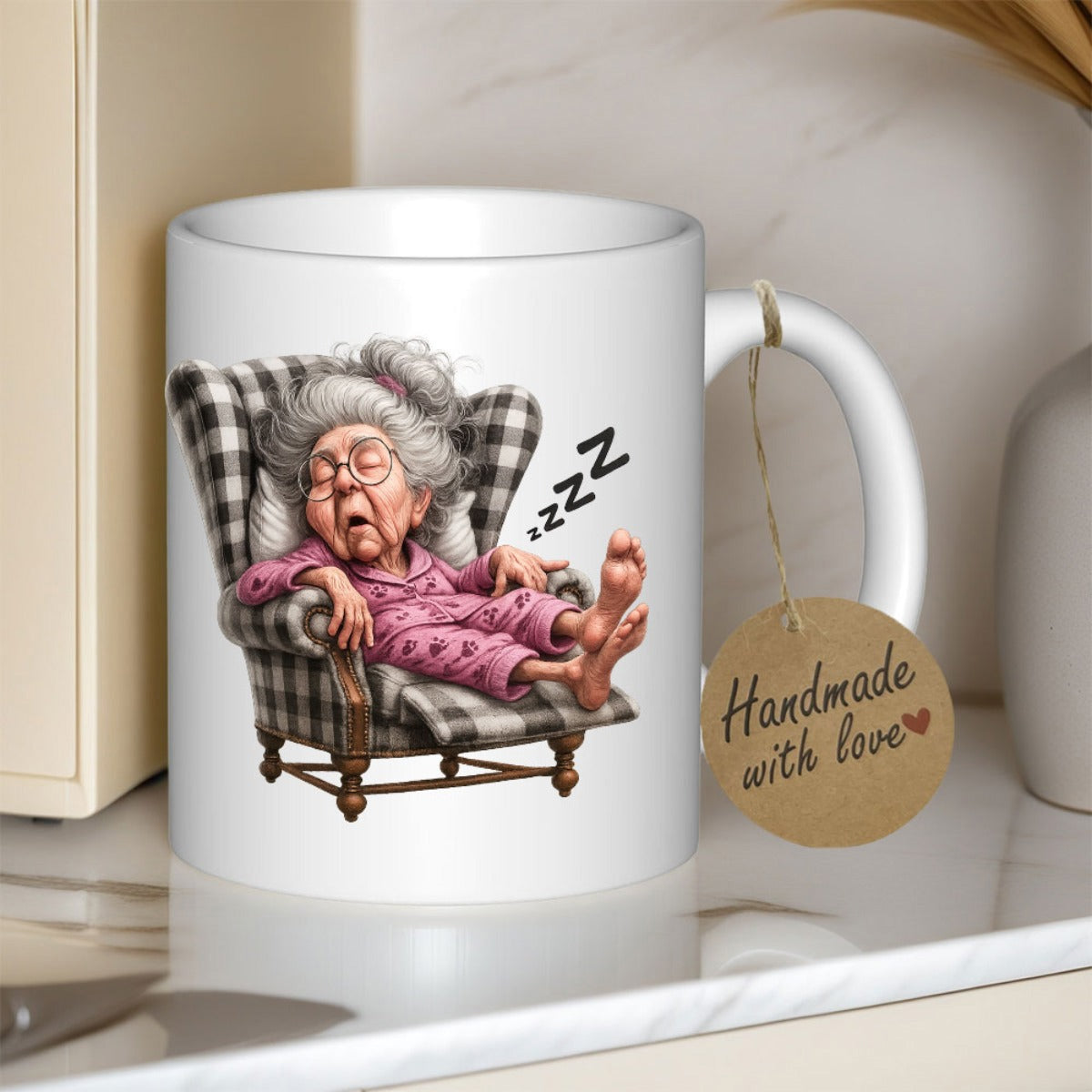 Tailorly White Ceramic 11 oz Mug - ZZZ Peaceful Elderly Lady Resting Comfortably In A Checkered Armchair Sleeping Grandmother