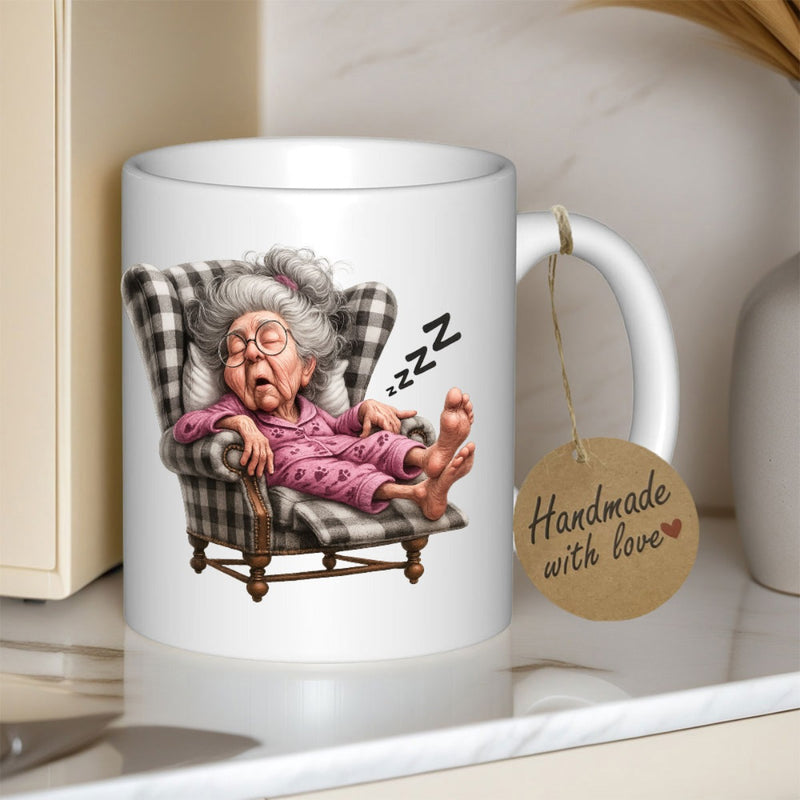 Tailorly White Ceramic 11 oz Mug - ZZZ Peaceful Elderly Lady Resting Comfortably In A Checkered Armchair Sleeping Grandmother