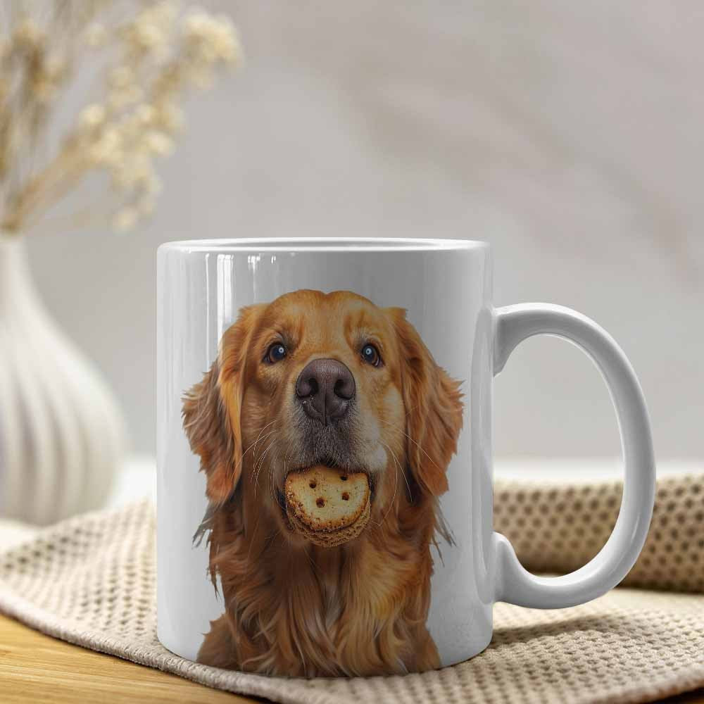 Tailorly White Ceramic 11 oz Mug - Adorable Loyal Dog Holding A Small Round Tasty Cookie Snack Golden Retriever