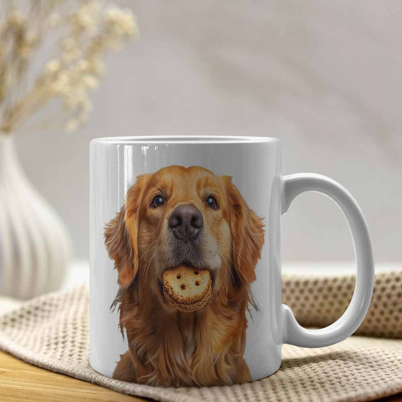 Tailorly White Ceramic 11 oz Mug - Adorable Loyal Dog Holding A Small Round Tasty Cookie Snack Golden Retriever