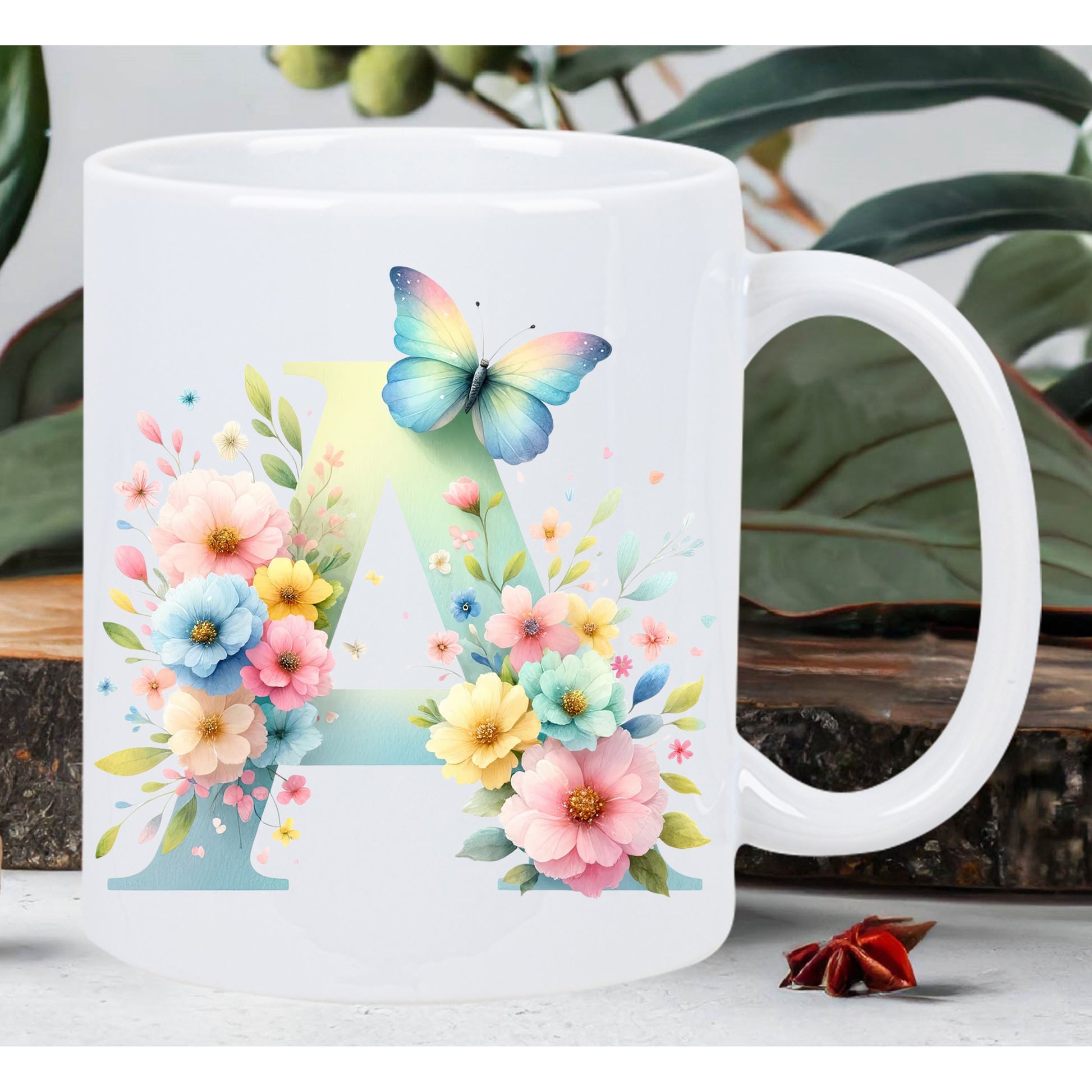 Tailorly White Ceramic 11 oz Mug - A Beautiful Floral Blossoms With Colorful Butterfly Resting On Pastel Gradient Letter