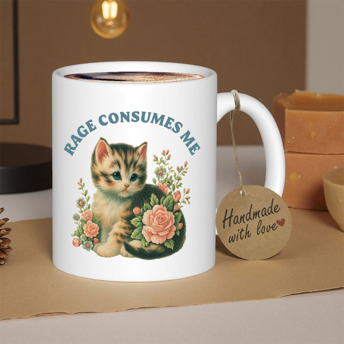 Tailorly White Ceramic 11 oz Mug - Rage Consumes Me Small Fluffy Tabby Kitten Sitting Among Elegant Blooming Pink Garden Rose Cat
