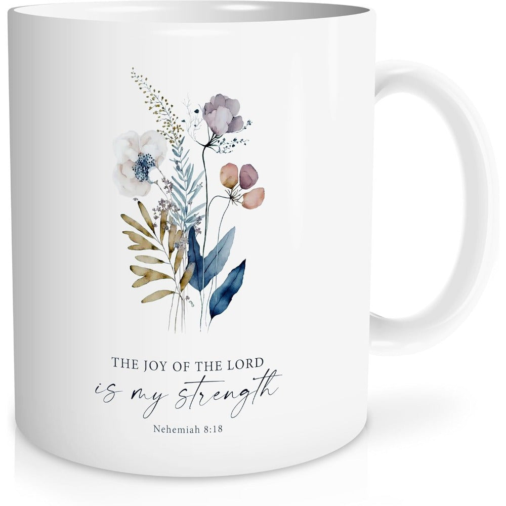 Tailorly White Ceramic 11 oz Mug - The Joy Of The Lord Is My Strength Elegant Watercolor Wildflowers With Muted Blue And Purple Tones Delicate Flower