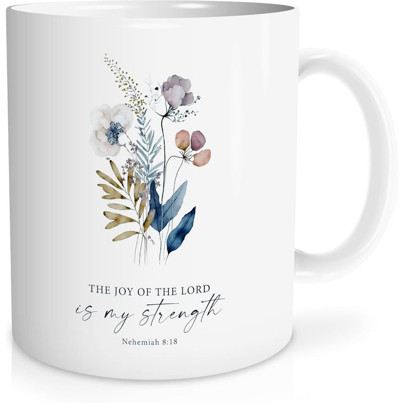 Tailorly White Ceramic 11 oz Mug - The Joy Of The Lord Is My Strength Elegant Watercolor Wildflowers With Muted Blue And Purple Tones Delicate Flower