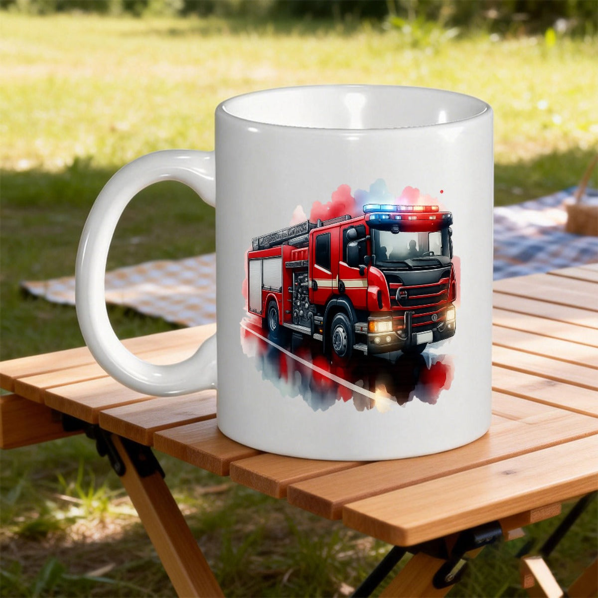 Tailorly White Ceramic 11 oz Mug - Vibrant Red Emergency Vehicle With Artistic Smoke And Splatter Effects Fire Truck