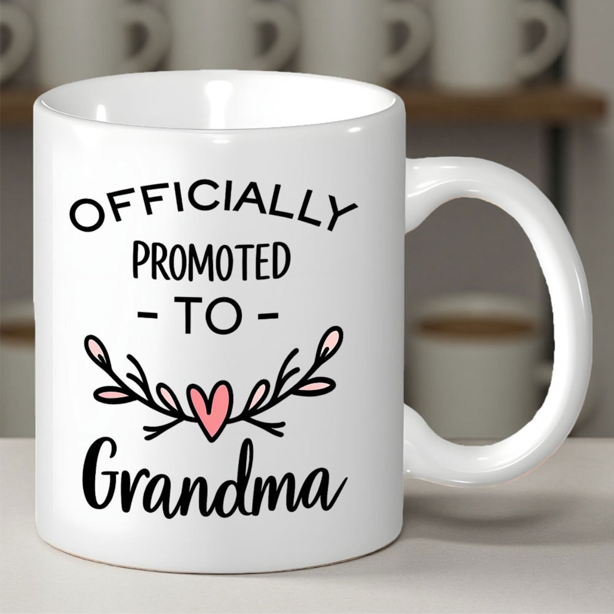 Tailorly White Ceramic 11 oz Mug - Officially Promoted To Grandma Elegant Hand Drawn Floral Branches With A Center Pink Heart Mug